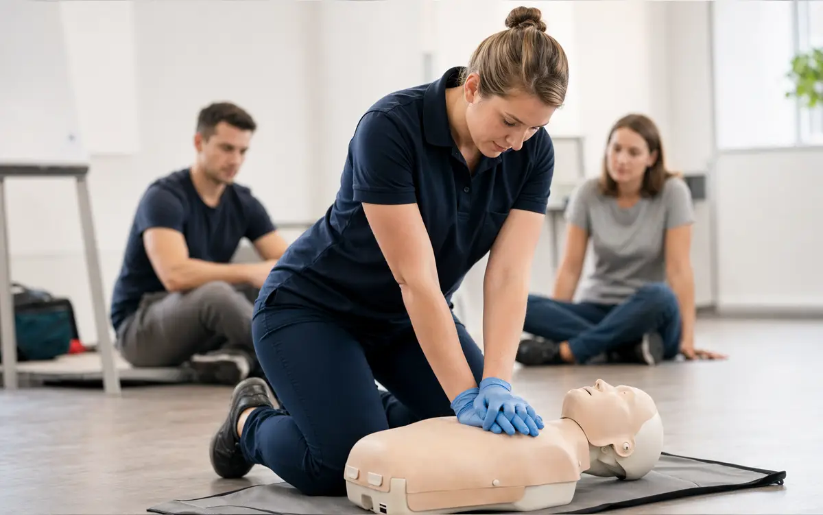 Instructor demonstrating CPR compressions during a first-aid session